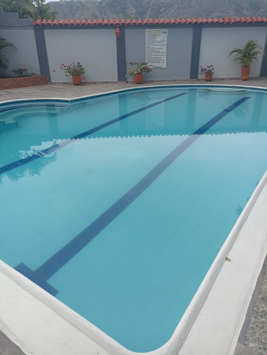 A clean swimming pool is visible, featuring a smooth, rectangular shape with marked lanes. Surrounding planters with greenery add a natural touch, while the pool's calm blue water reflects the clear sky above.