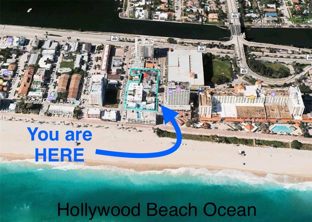 An aerial view highlights the proximity of the condo to Hollywood Beach Ocean. The beach is visible with its sandy shore, accompanied by the boardwalk and surrounding buildings. Clear directional graphics indicate the location of the property in relation to the ocean.