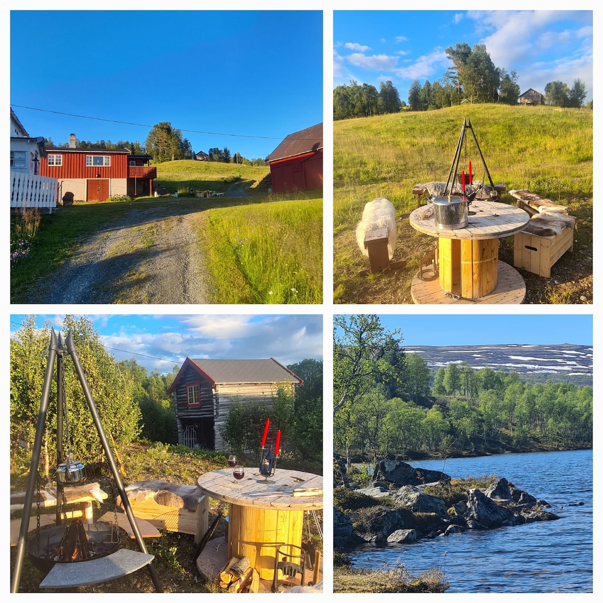 A scenic view of a gravel pathway leading to rustic red buildings set against green hills under a clear blue sky. An outdoor fire pit with candles and seating is visible, along with nearby structures and a landscape featuring rocky shoreline and water, hinting at serene natural surroundings.