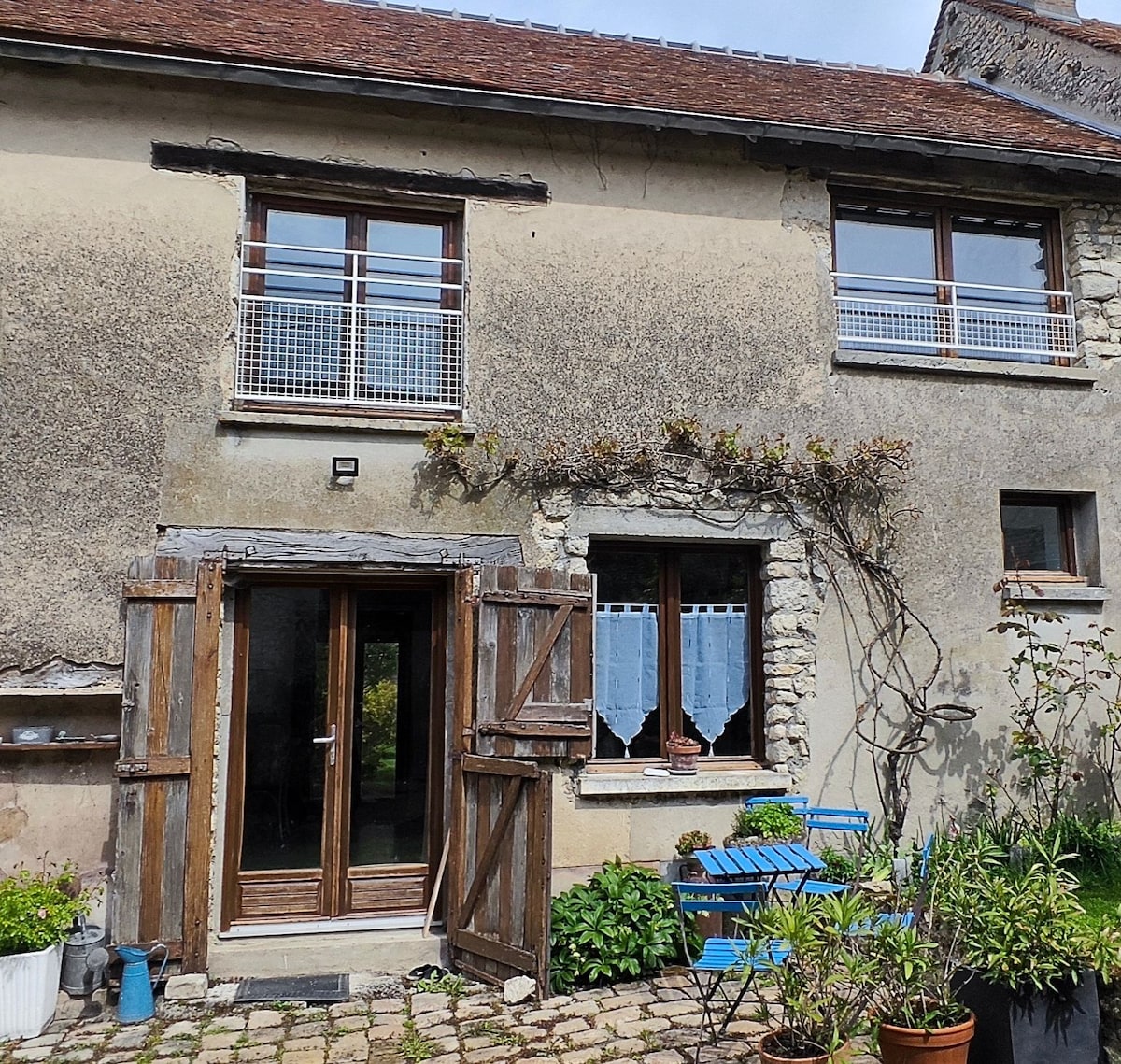 The exterior of the accommodation is presented, featuring rustic wooden doors and two windows with lace curtains. A small patio area is visible, adorned with potted plants and a blue table set for two. Overhead, vines climb the walls, enhancing the natural setting.