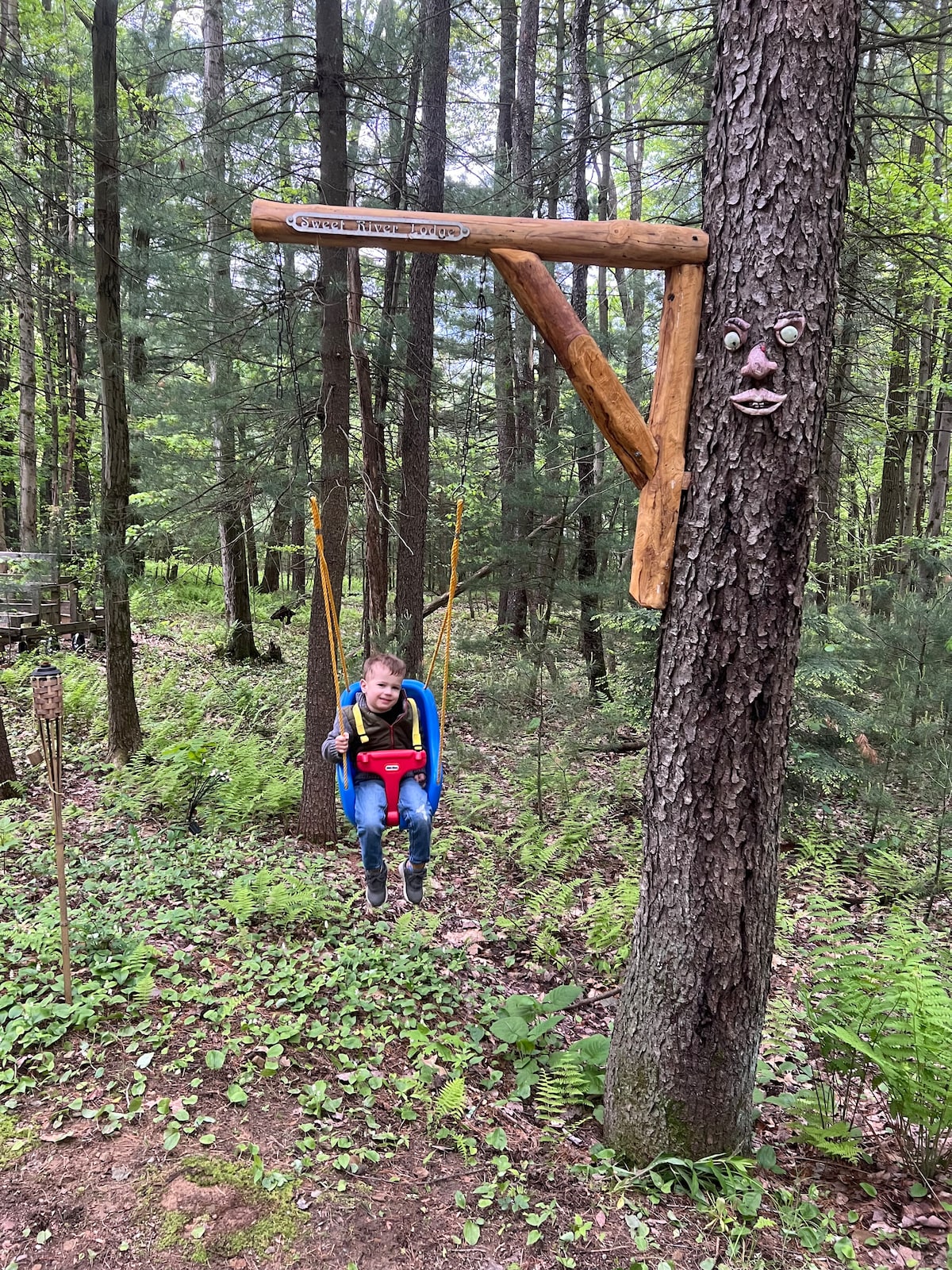 River enjoying his swing! at Sweet River Lodge in Tionesta