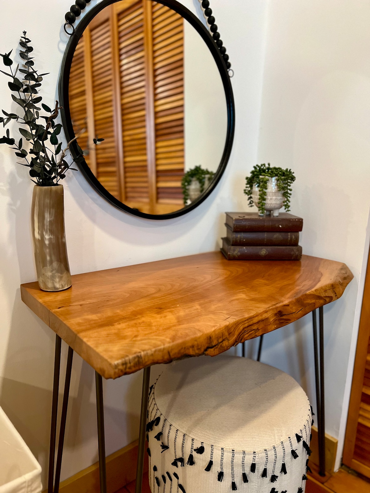 Handmade live edge Cherry vanity table at Sweet River Lodge in Tionesta