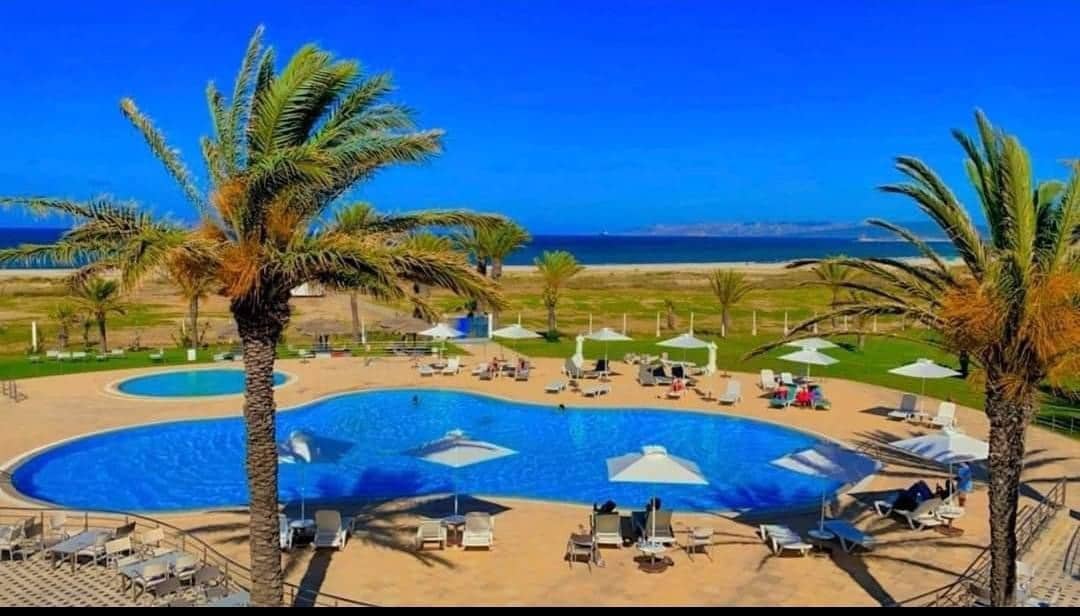A sprawling outdoor pool is surrounded by palm trees and sun loungers, providing a relaxing space for guests. White umbrellas offer shade while the beach and ocean are visible in the background against a clear blue sky.