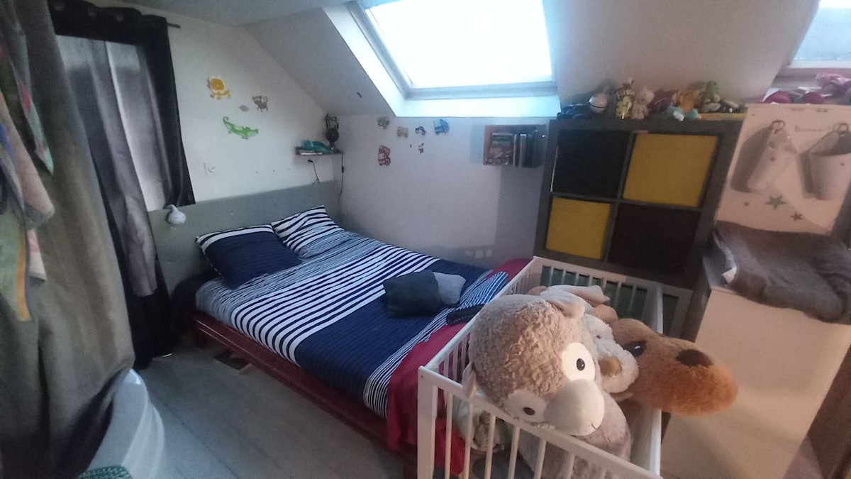 A cozy bedroom features a spacious bed with blue and white striped bedding. A skylight allows natural light to enter, illuminating decorations on the walls. A crib is positioned nearby, surrounded by plush toys. Storage units and soft furnishings complete the inviting space.