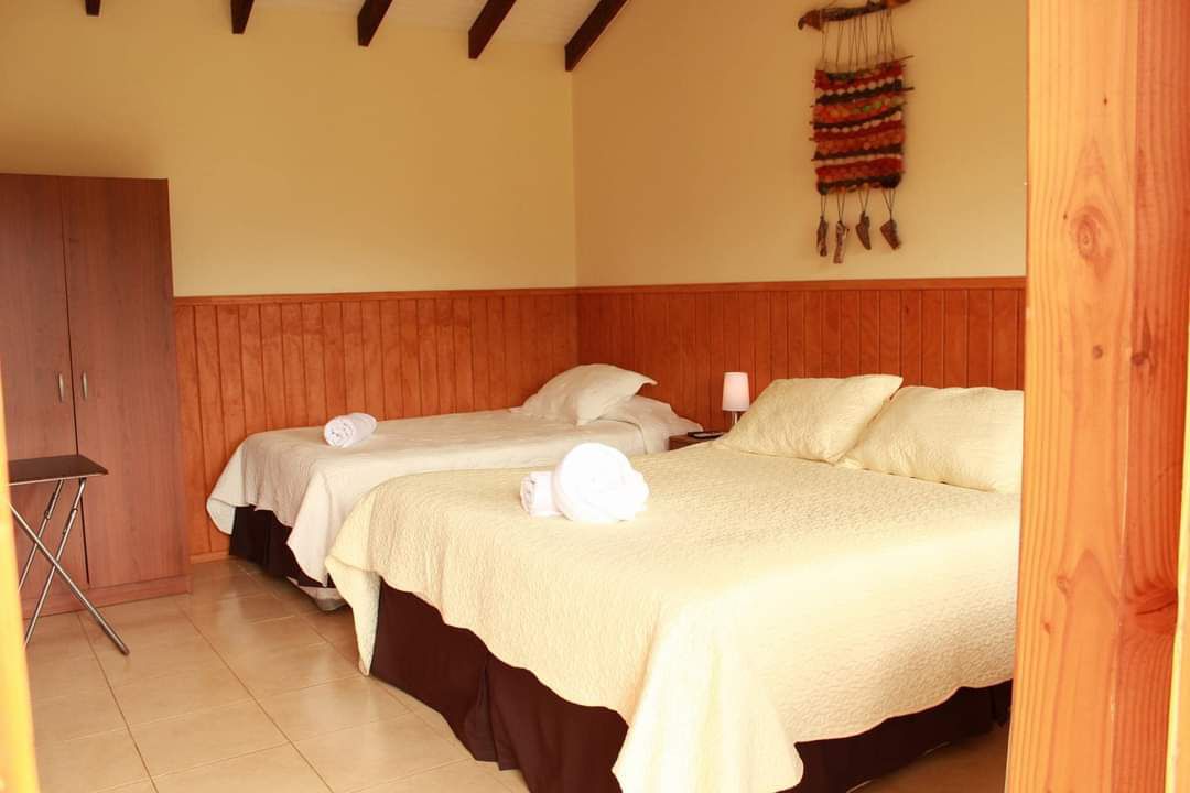 A welcoming sleeping area features two spacious beds with light-colored bedding and rolled towels on top. A wooden cabinet is positioned against one wall, while a small table is placed beside a nightstand with a lamp. The room is adorned with wooden paneling, contributing to a cozy atmosphere.