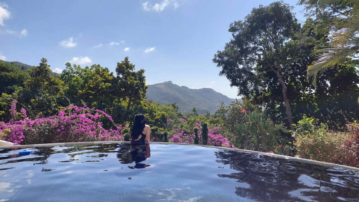 A tranquil infinity pool overlooks lush tropical gardens, showcasing vibrant purple bougainvillea against a backdrop of rolling green hills. Bright blue skies and dappled sunlight filter through nearby trees, creating a serene atmosphere ideal for relaxation.
