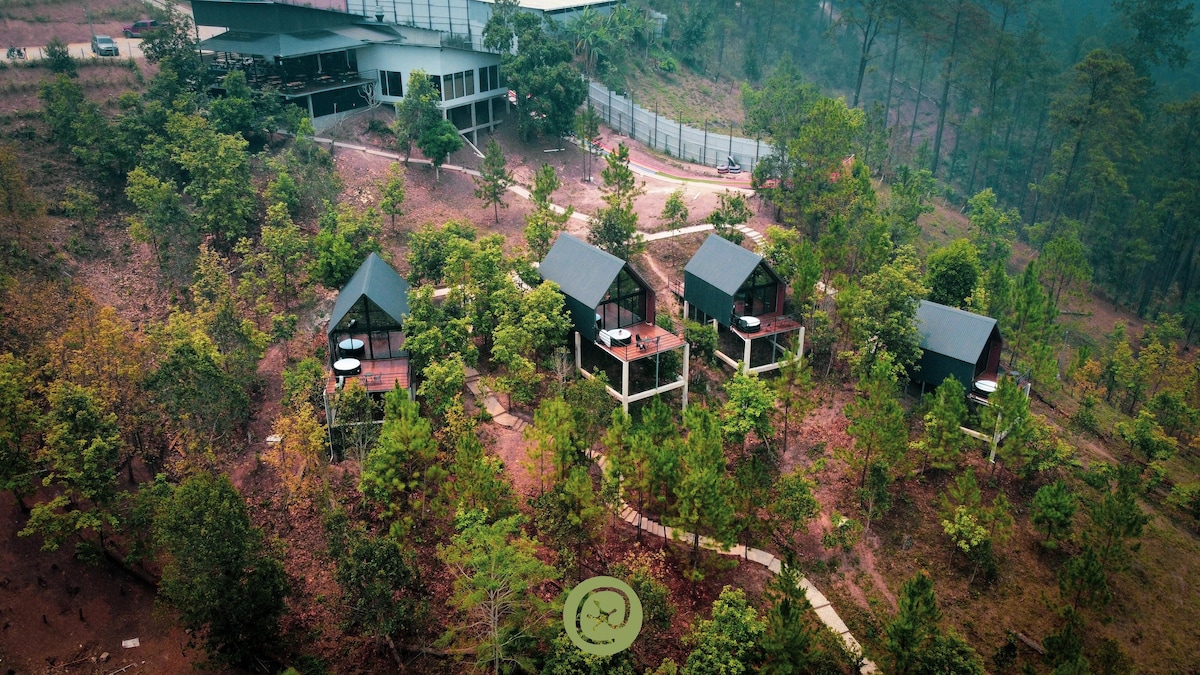 Aerial view showcases multiple alpine-style cabins set amidst lush greenery, surrounded by tree-covered hills. Each cabin features a private deck, and walking paths connect them to shared community spaces, highlighting the tranquil natural environment.