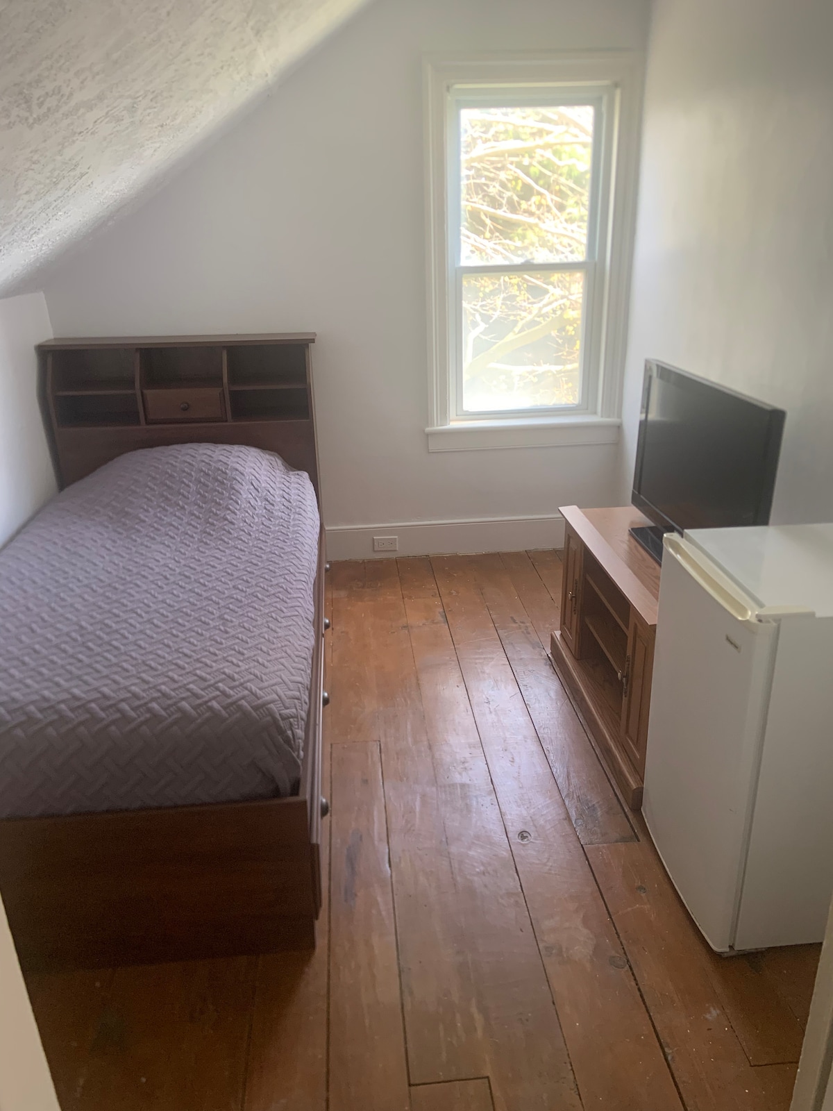 A compact bedroom features a single bed with a textured gray coverlet. A small bookshelf is mounted above the bed. A window allows natural light to brighten the space, while a refrigerator and a television are positioned along the wooden floor.