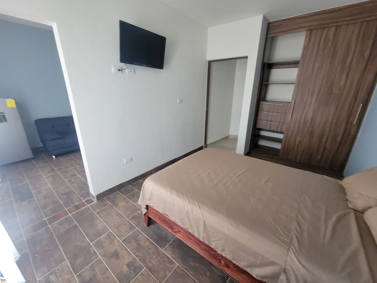 A simple bedroom is presented, featuring a spacious bed with neutral bedding. A mounted television is located on the wall, and a closet with sliding doors is visible. A small seating area is included, and a doorway leads to another room, enhancing the room's functionality.