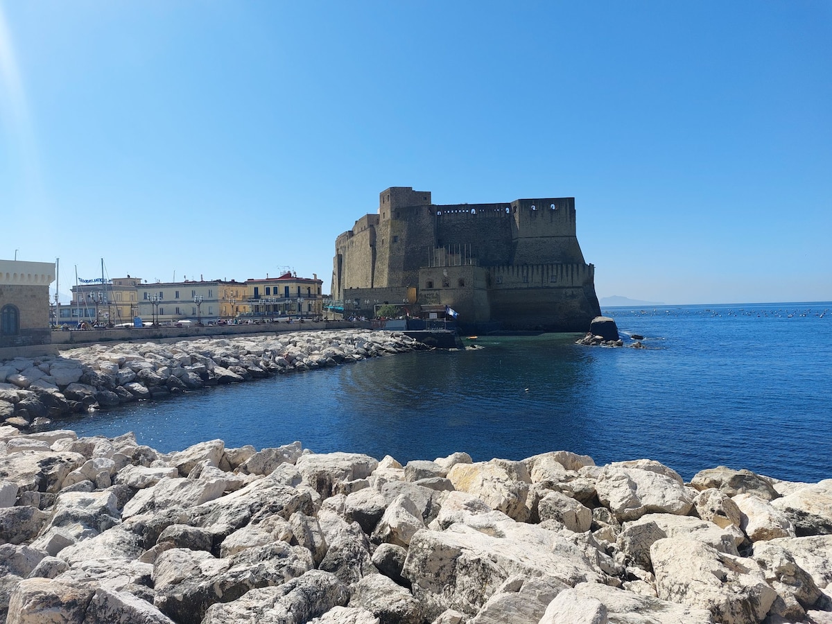 A large historical castle stands prominently near the coast, surrounded by clear blue waters. The stone structure features a rugged facade, and nearby buildings add to the scenic waterfront. Rocky outcrops create a natural border along the water's edge, enhancing the view.