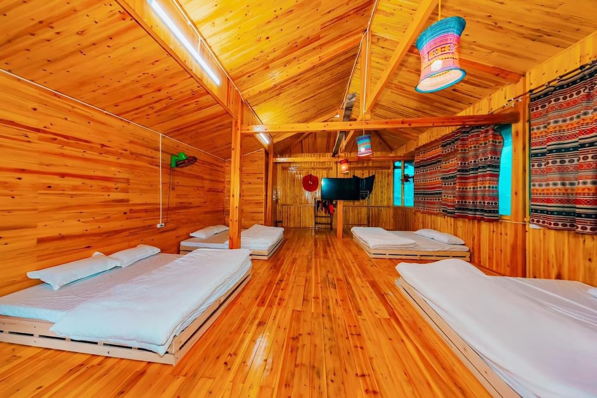 A spacious room with wooden walls and a polished floor is equipped with several raised sleeping areas. Soft bedding is arranged on each platform, while decorative curtains and vibrant light fixtures add character to the space.