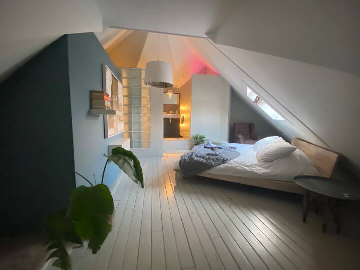 Მთავარ საძინებელში არის ღია საშხაპე, უნიტაზი და ნიჟარა. Ძალიან კომფორტული და ძალიან ფართო ოთახი, რომელშიც არის გასაშლელი დივანი და გასეირნება კარადაში. Სახურავის ფანჯრიდან იშლება ცის შესანიშნავი ხედები საწოლზე დაწოლისას.