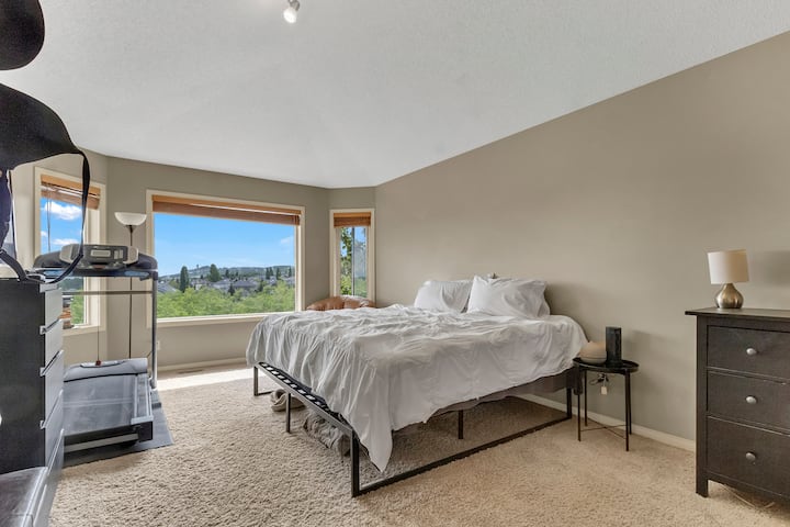 Ძირითადი საძინებელი, დამხმარე სააბაზანო, დიდი ზომის საწოლი, სარბენი ბილიკი.  