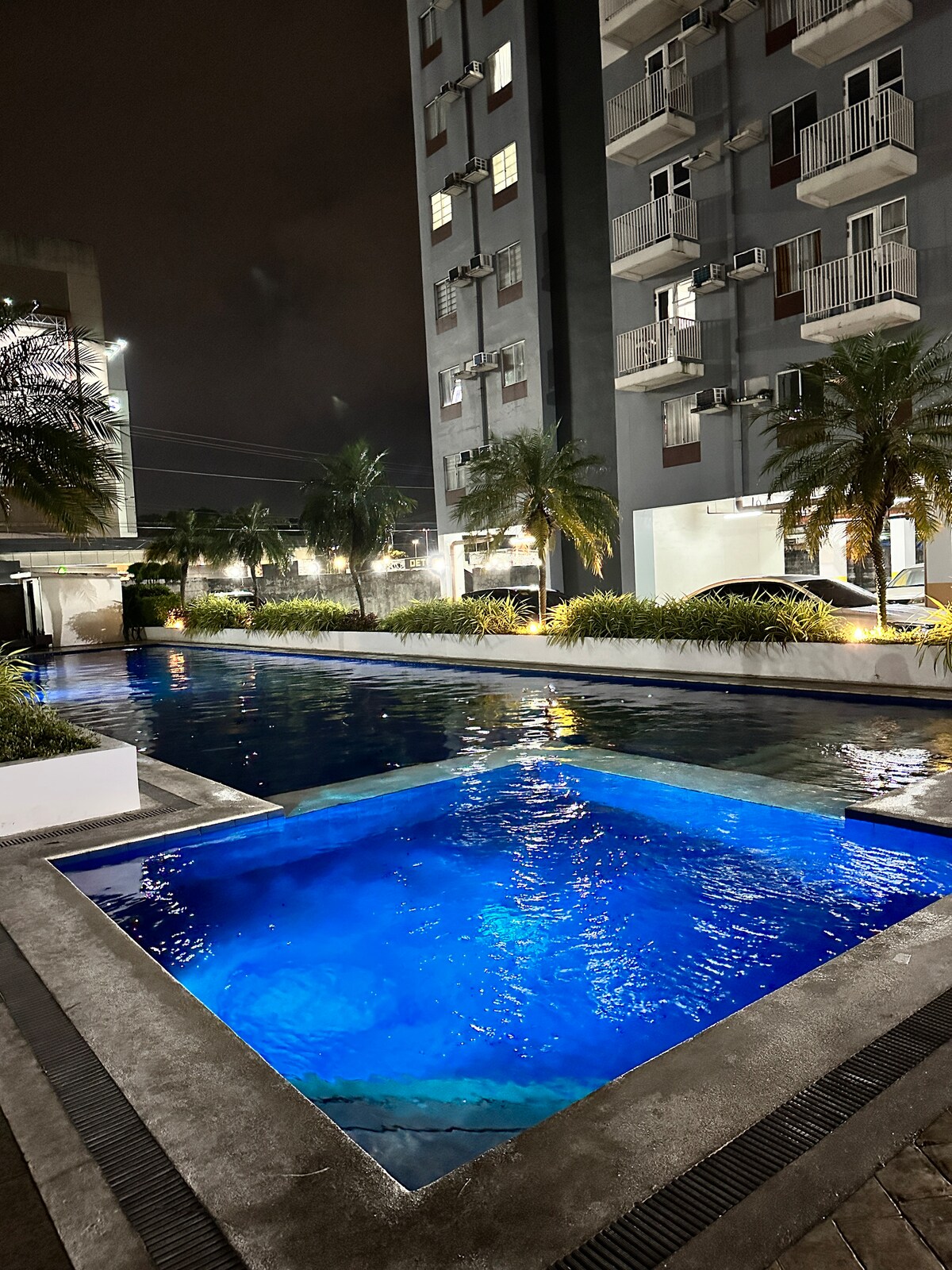 A tranquil pool area is illuminated by soft blue lighting, creating a calming ambiance. Surrounding palm trees provide greenery against the backdrop of a modern building. The pool features separate sections, with smooth stone edges framing the serene water.