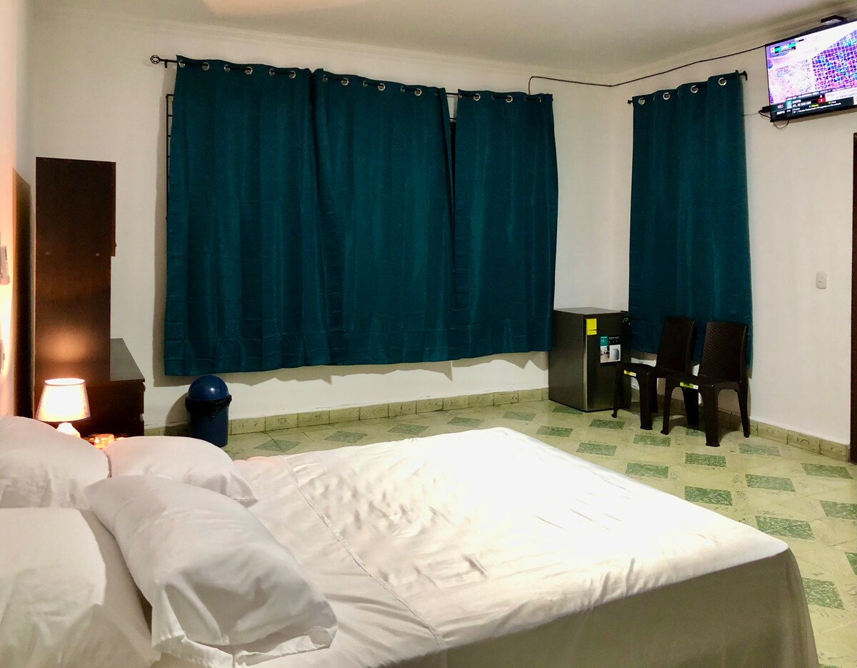 The room features a spacious bed with crisp white bedding, complemented by two dark wooden chairs positioned beside a small refrigerator. Large windows with teal curtains allow for natural light, and a television is mounted on the wall, enhancing the shared living space.