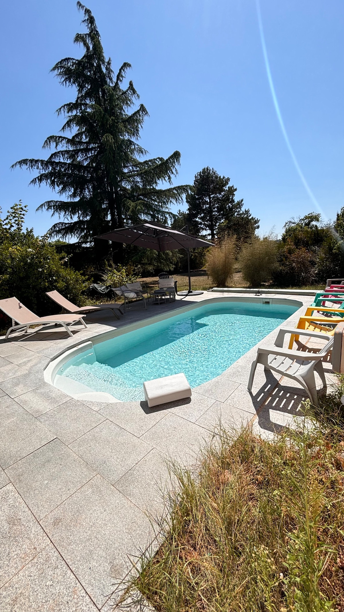 A heated pool is set within a landscaped garden, featuring light blue water and surrounded by poolside lounge chairs. Shade is provided by a large umbrella, while tall trees and greenery create a serene atmosphere. The pool area is complemented by well-maintained grounds.
