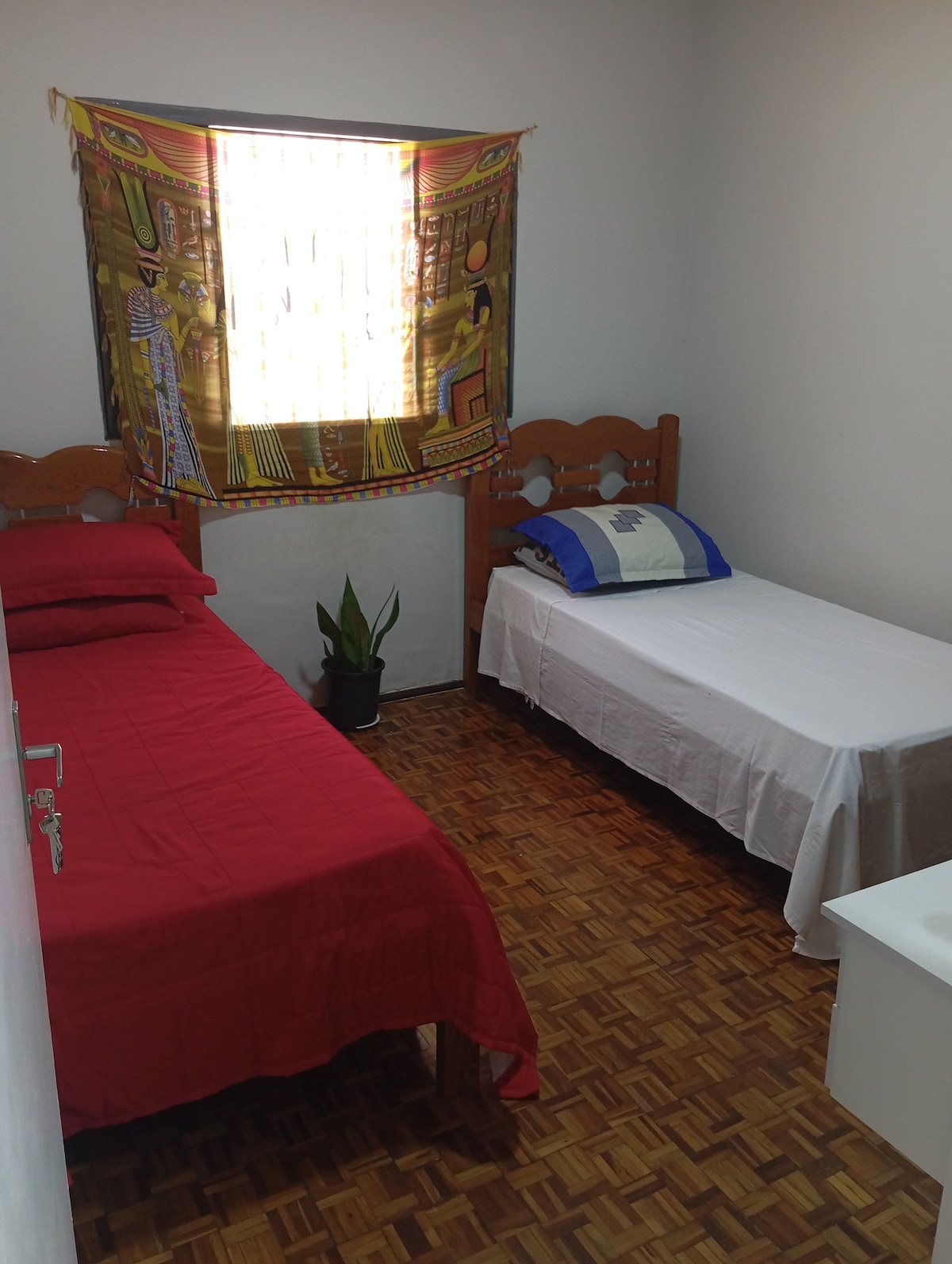 A shared sleeping area features two beds, one covered with a red bedspread and the other with a light-colored blanket. A potted plant is positioned in the corner, and a colorful wall hanging adds character. Natural light streams through a window adorned with sheer curtains.