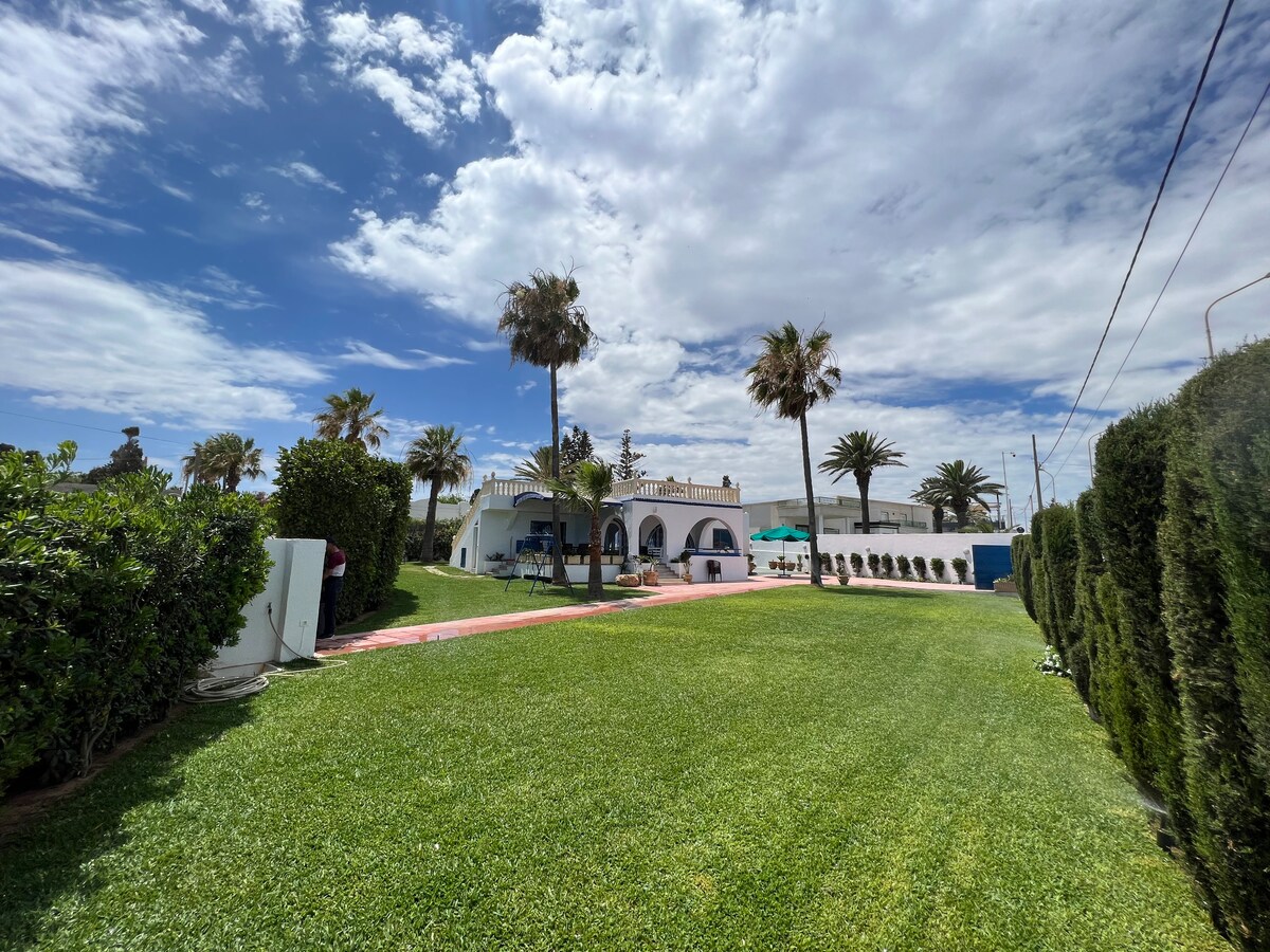 A spacious green lawn is bordered by well-maintained hedges, with several tall palm trees providing shade. The charming bungalow can be seen in the background against a partly cloudy sky, complemented by a patio area featuring outdoor seating.