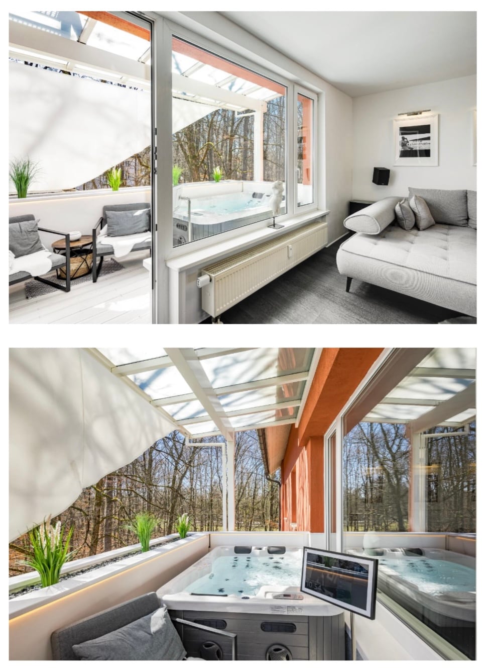 A cozy indoor space features a light-colored couch and two modern armchairs, complemented by a minimalistic coffee table. Natural light floods in through large windows overlooking a green landscape. A whirlpool tub is visible, surrounded by plants, creating a serene retreat.
