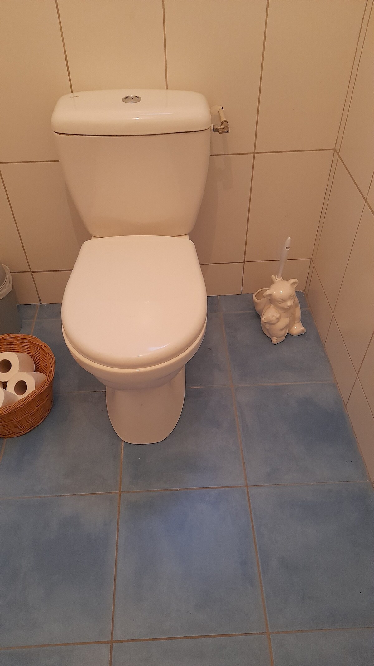 A clean and simple bathroom is shown, featuring a white toilet positioned on blue tiled flooring. A small wastebasket is visible alongside a wicker basket holding rolls of toilet paper. A decorative toilet brush holder shaped like a bear stands beside the toilet.