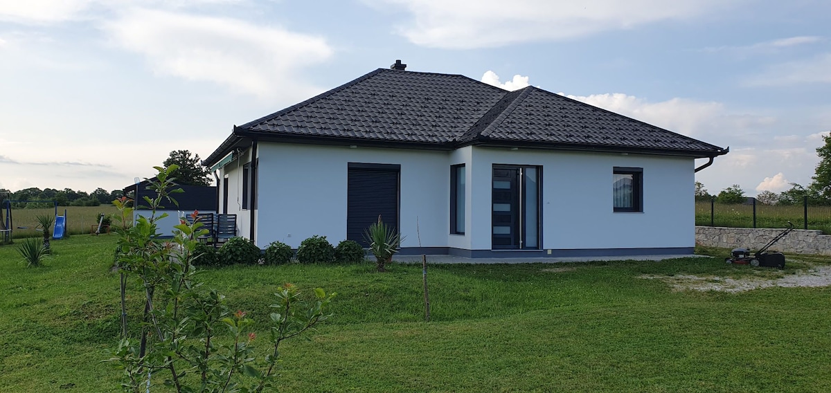 A modern villa with a sleek white exterior and a sloped black roof is set on a spacious lawn. The property is bordered by greenery, with a driveway leading to the entrance. Large windows enhance the natural light inside.