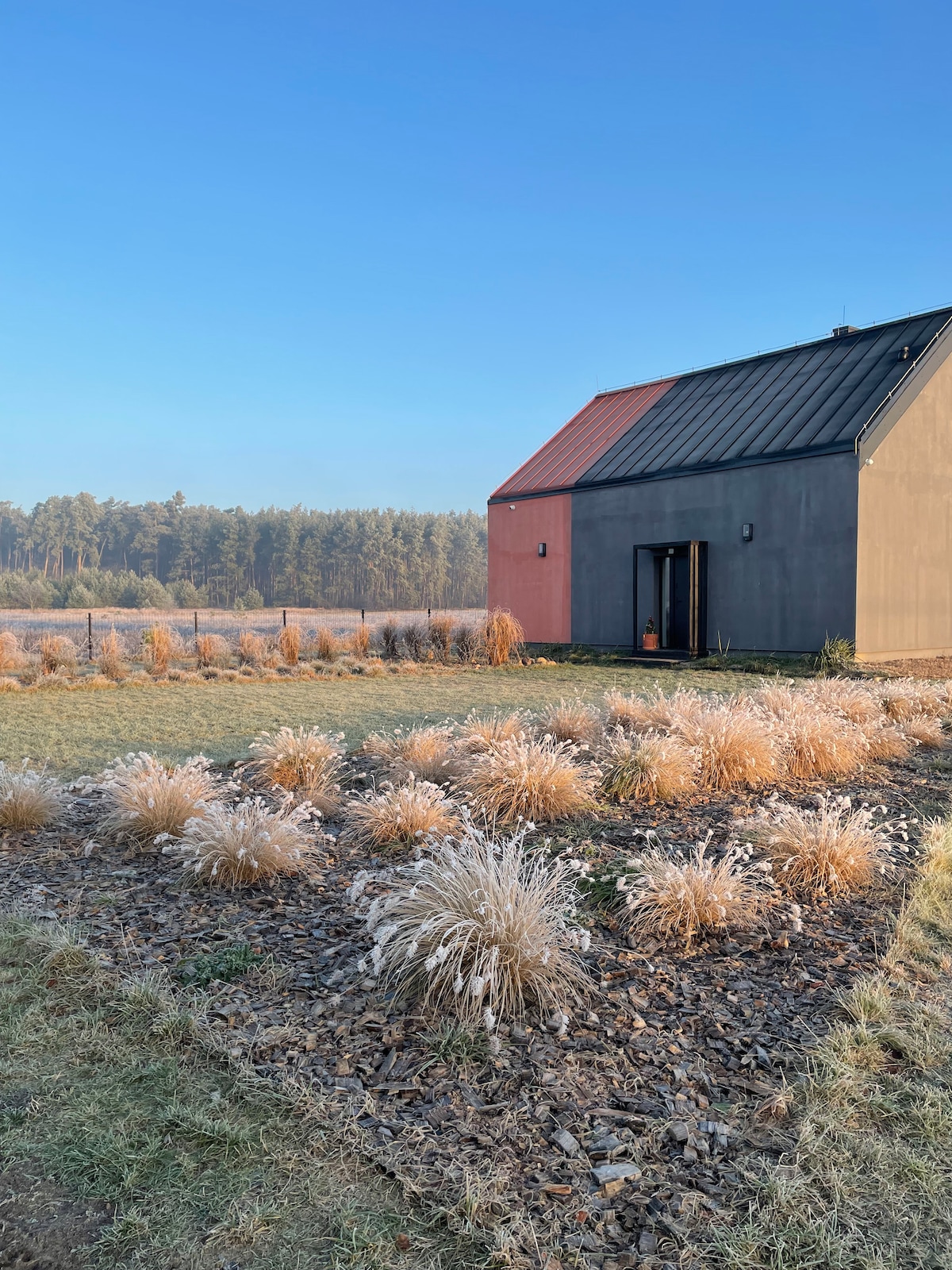 The exterior of the building features a blend of muted gray and red siding, framed by frost-covered grasses and shrubs. The landscape includes patches of gravel and grass, set against a backdrop of trees under a clear blue sky.