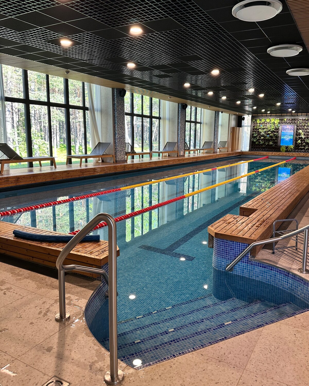 An indoor swimming pool area features a long, clear pool bordered by wooden decking. Loungers are positioned along the edges, with large windows allowing natural light to fill the space while offering views of the surrounding greenery.