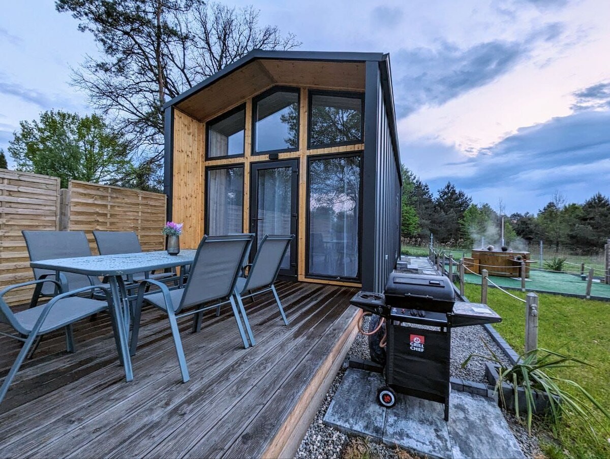 An outdoor area features a spacious deck with a dining table and six chairs, providing ample seating. Nearby, a gas grill is positioned for cooking. Large windows of the cabin allow natural light to illuminate the interior, surrounded by greenery and a gravel path.