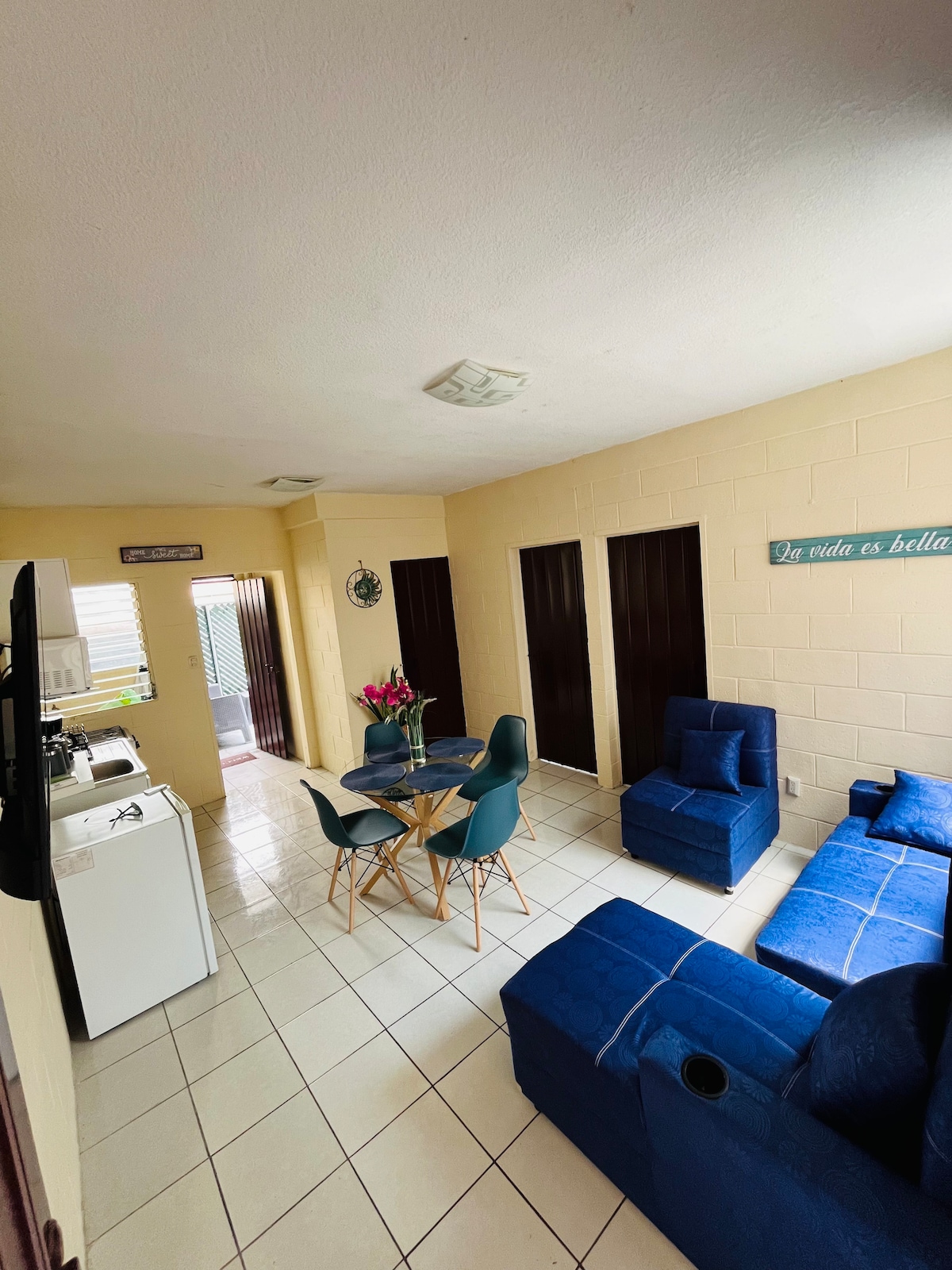 The living area features a cozy seating arrangement with blue couches and a circular dining table surrounded by four chairs. A washing machine is situated on one side, while sliding glass doors lead to an outdoor space, allowing natural light to fill the room.