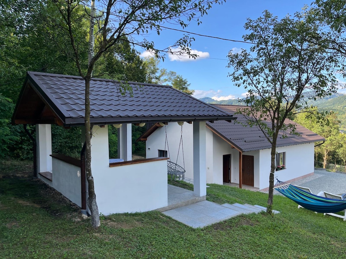 A charming house is situated amidst lush greenery, featuring a cozy porch with a swing. The structure has a sloped roof and is complemented by nearby trees. The setting offers a serene outdoor space, with a hammock inviting relaxation under the clear blue sky.