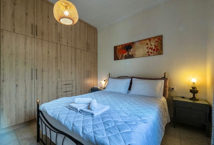 Queen size bed with a big closet . 