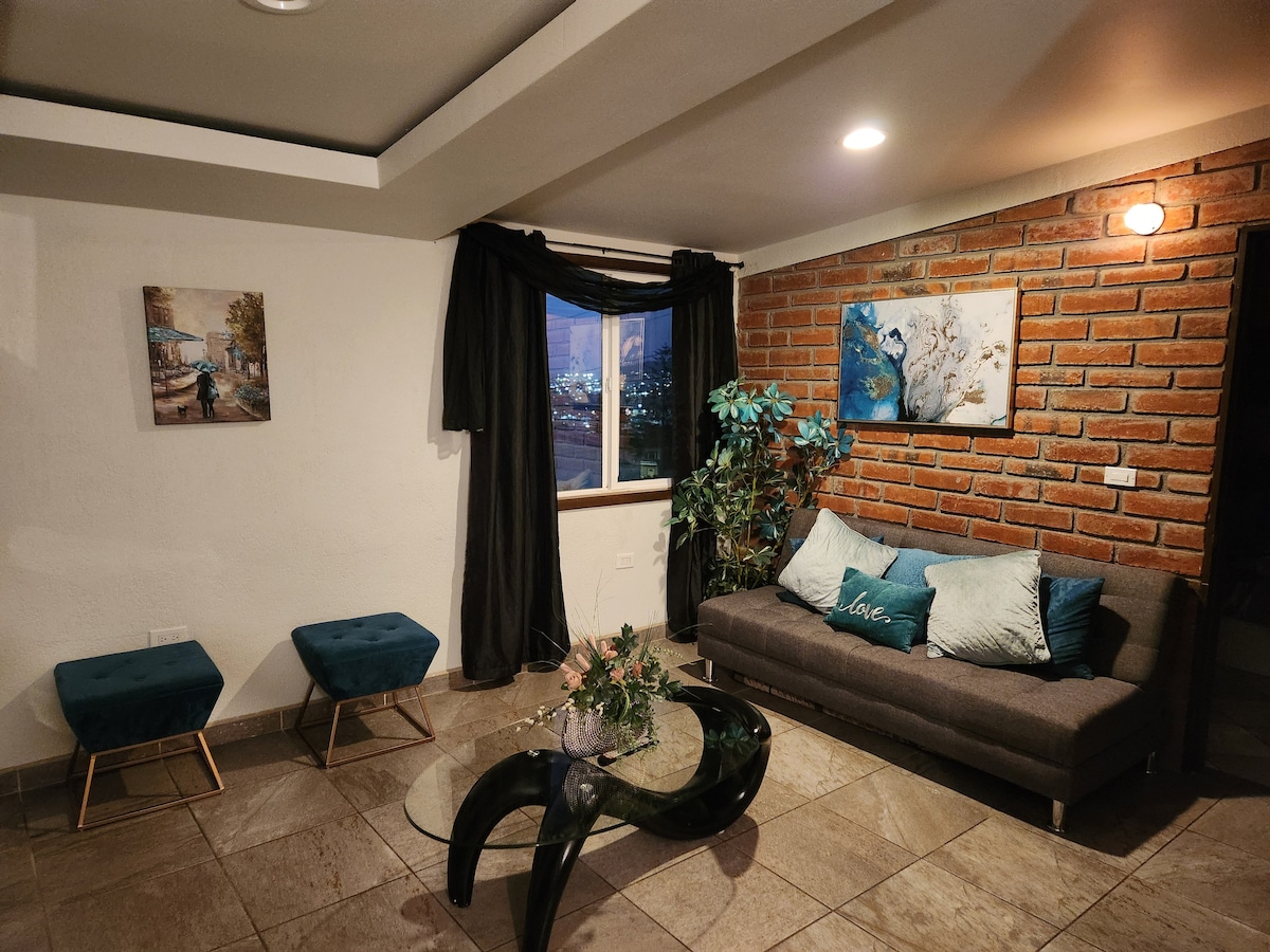 A cozy living area is highlighted by a dark brick accent wall. A glass coffee table sits in front of a comfortable sofa adorned with decorative pillows. A potted plant and two small teal chairs complement the space, while a window offers a view of the city skyline.