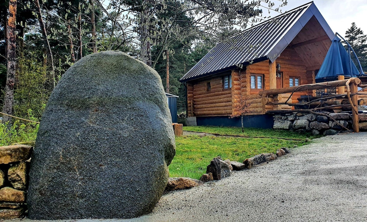 A wooden chalet, built in the style of traditional fuste construction, is nestled among trees. A large, natural rock is situated prominently in the foreground, with a gravel path leading up to the entrance of the chalet, which features a sloped roof and rustic wooden details.