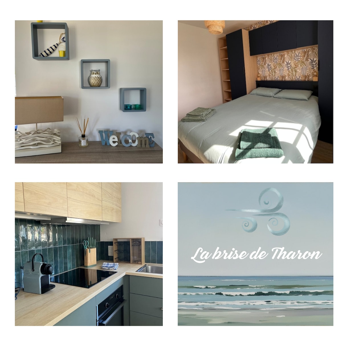 An inviting wall display is featured, showcasing decorative elements arranged in various shapes. A cozy sleeping area is visible, presenting a neatly made bed with complementary linens and subtle wall decorations. A well-equipped kitchen highlights modern appliances against a sleek countertop. A serene beach-themed artwork adds a calming touch.