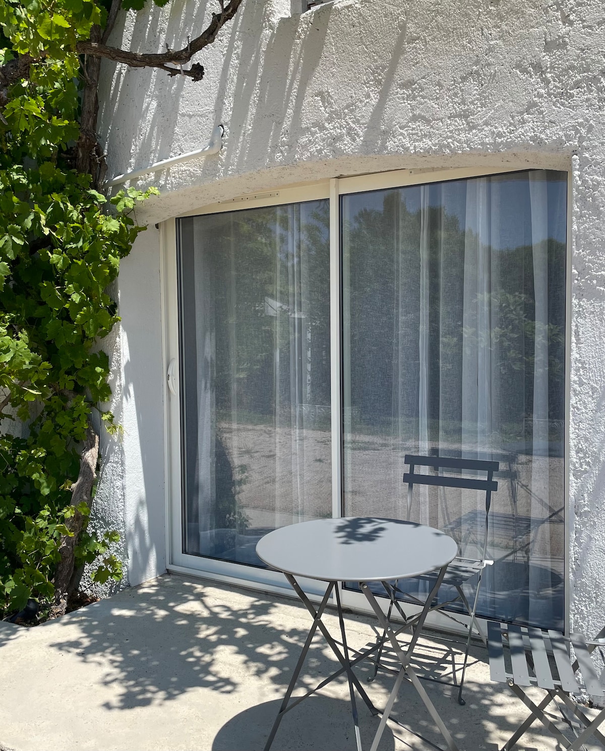 A small outdoor area features a round table and two folding chairs, positioned on a light concrete surface. A sliding glass door opens into the accommodation, with sheer curtains filtering light. Lush green vines climb the wall, enhancing the tranquil setting.