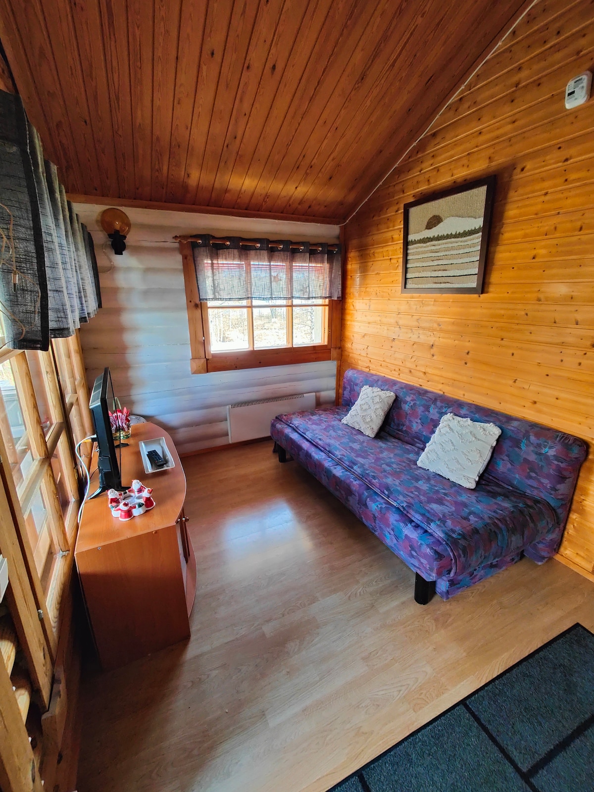 La sala de estar tiene un televisor de 32 pulgadas y un sofá cama que se puede ampliar como un espacio para dormir de 140 cm para dos personas.