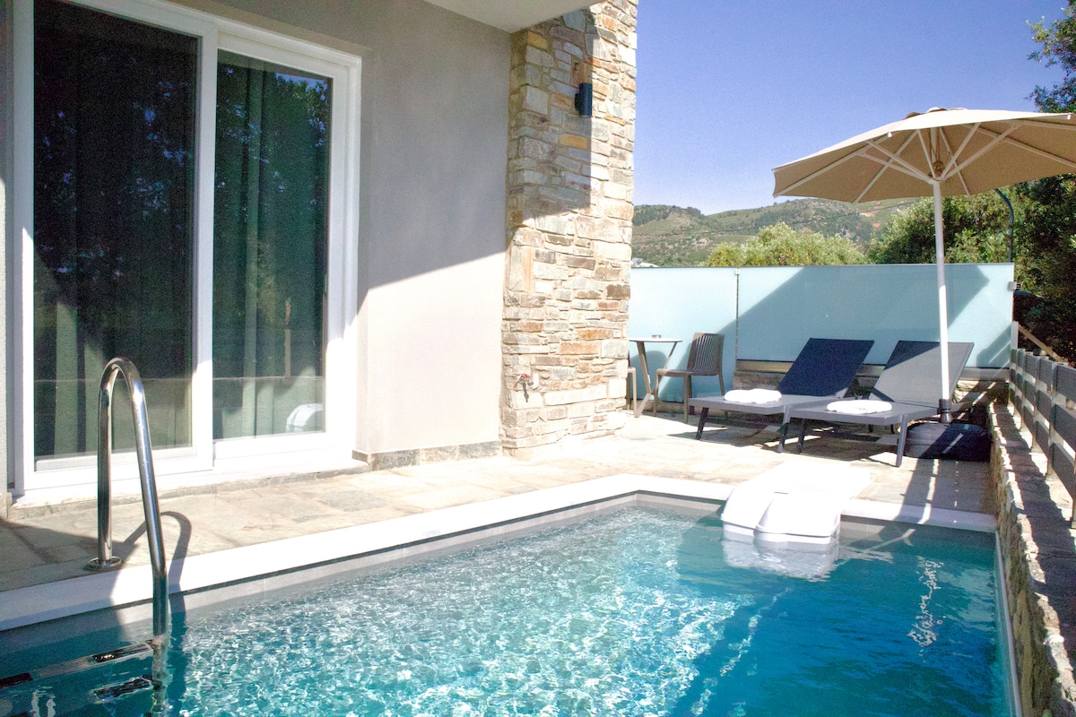 A private pool area features a clean, inviting swimming pool with steps leading into the water. Sun loungers and an umbrella provide shaded seating next to the pool. The area is surrounded by lush greenery and mountains, enhancing the tranquil setting.