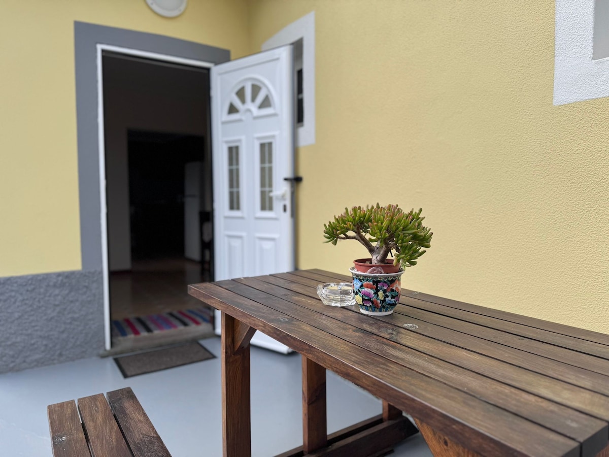 A wooden table is positioned outside, featuring a small potted plant at its center. The open door in the background leads into the interior of the house, which is not visible in this image. The exterior wall displays a soft yellow hue.