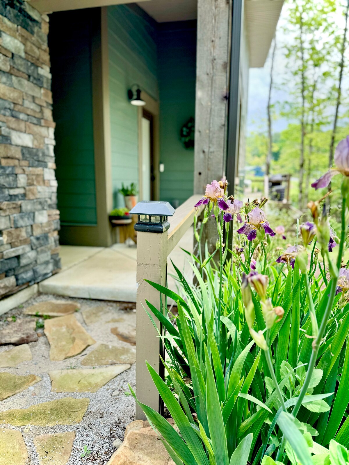 A stone pathway leads to the entrance of the casita, flanked by vibrant green plants and blooming iris flowers. Soft lighting is provided by a small lamppost next to the path, creating a welcoming entryway to the home.