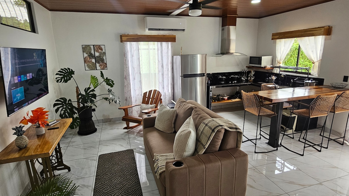 A bright living area is furnished with a comfortable sofa and a wooden armchair. A dining table with metal chairs is positioned nearby. The space is enhanced by large windows allowing natural light, and greenery is present with potted plants.