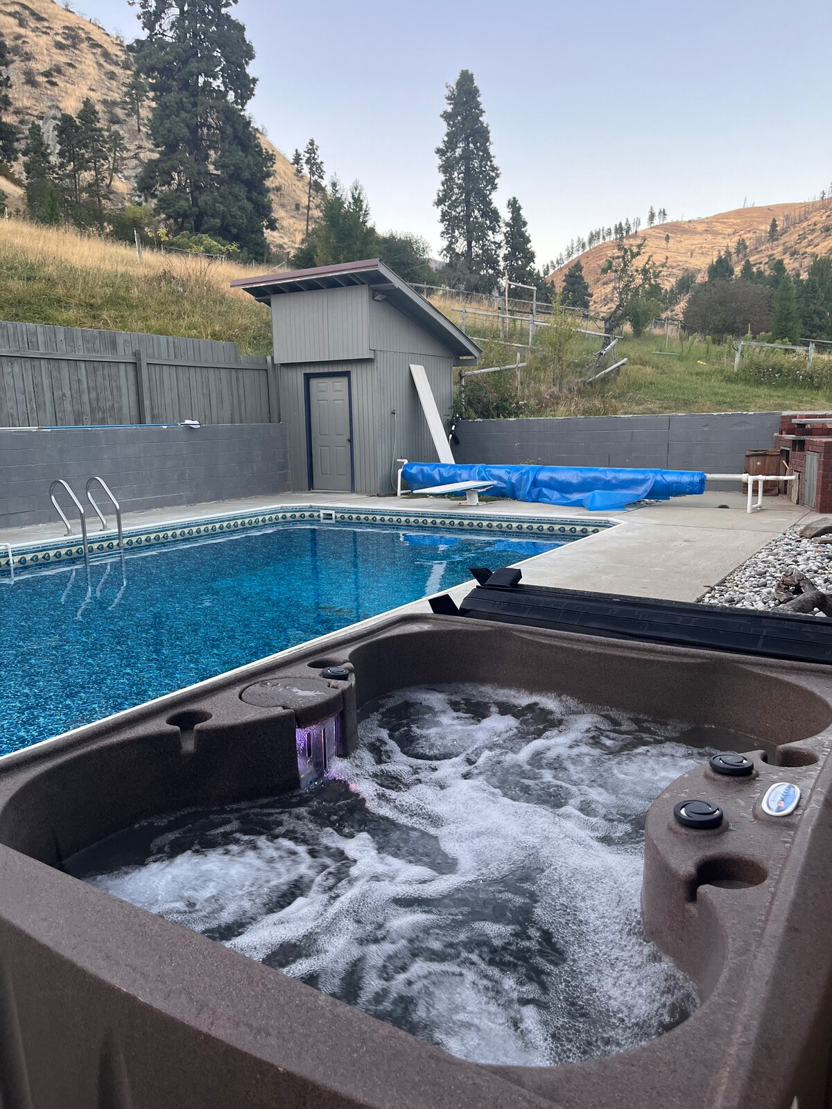 A private hot tub is positioned next to a clear blue pool, surrounded by natural scenery. Lush greenery and hillside are visible in the background, while a secured shed stands nearby. The tranquil setting offers a peaceful retreat for relaxation.