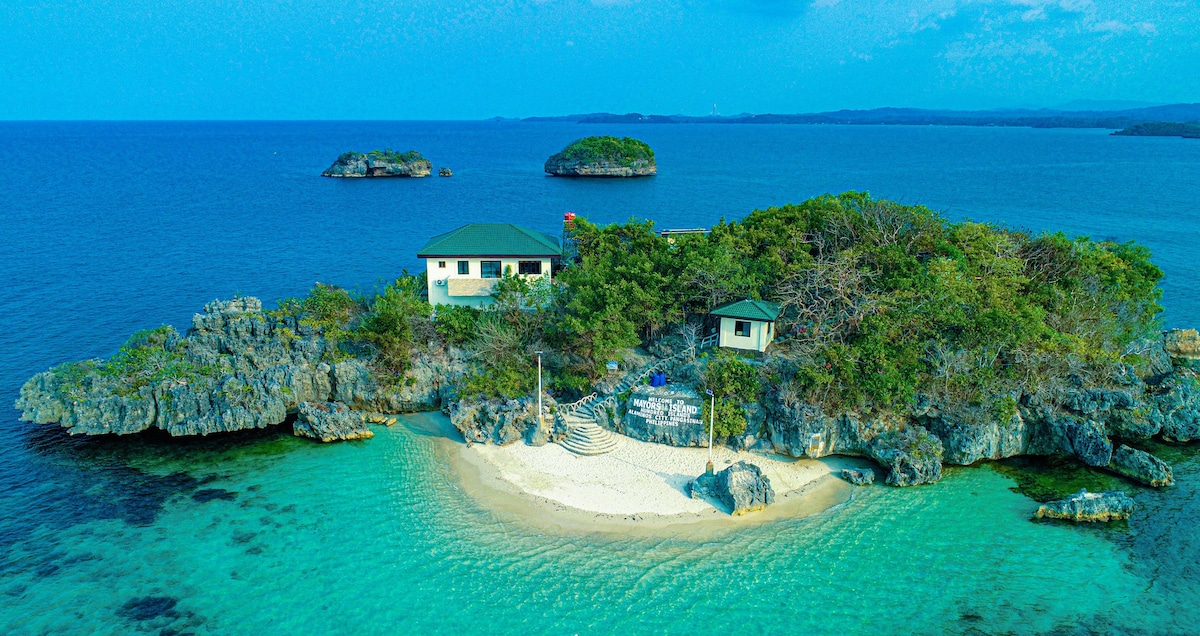 An aerial view captures the guesthouse situated on Mayor's Island, surrounded by clear turquoise waters. A sandy beach extends to the shore, framed by rocky formations and lush greenery. Small islands are visible in the distance, enhancing the serene island setting.