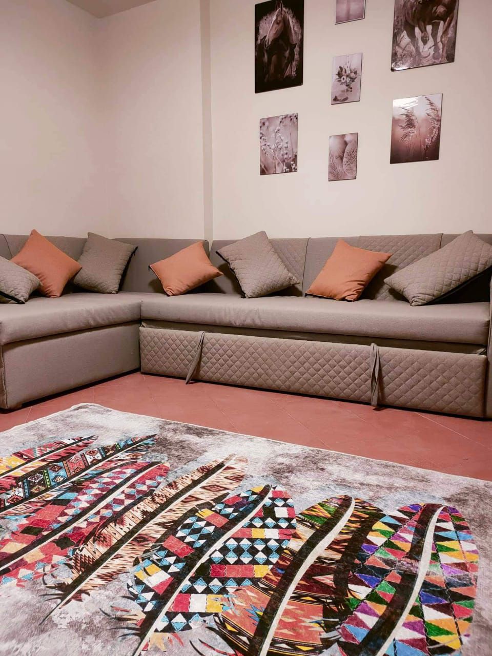 A comfortable seating area is depicted, featuring a gray sectional sofa adorned with orange decorative cushions. The floor is covered with a patterned rug displaying vibrant feathers and geometric shapes. Framed photographs of horses hang on the wall, adding visual interest.