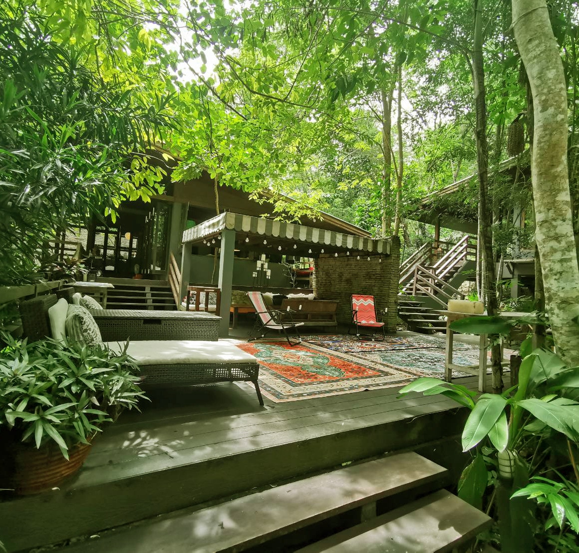 A lush garden area features wooden steps leading up to a sprawling deck. Comfortable lounge chairs with vibrant textiles are arranged on a patterned rug, surrounded by dense greenery and trees that provide natural shade. The inviting seating areas cater to relaxation and connection with nature.