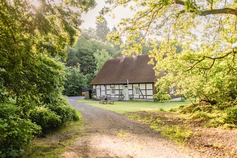 Old forester’s lodge on the edge of the forest with barrel sauna & fireplace