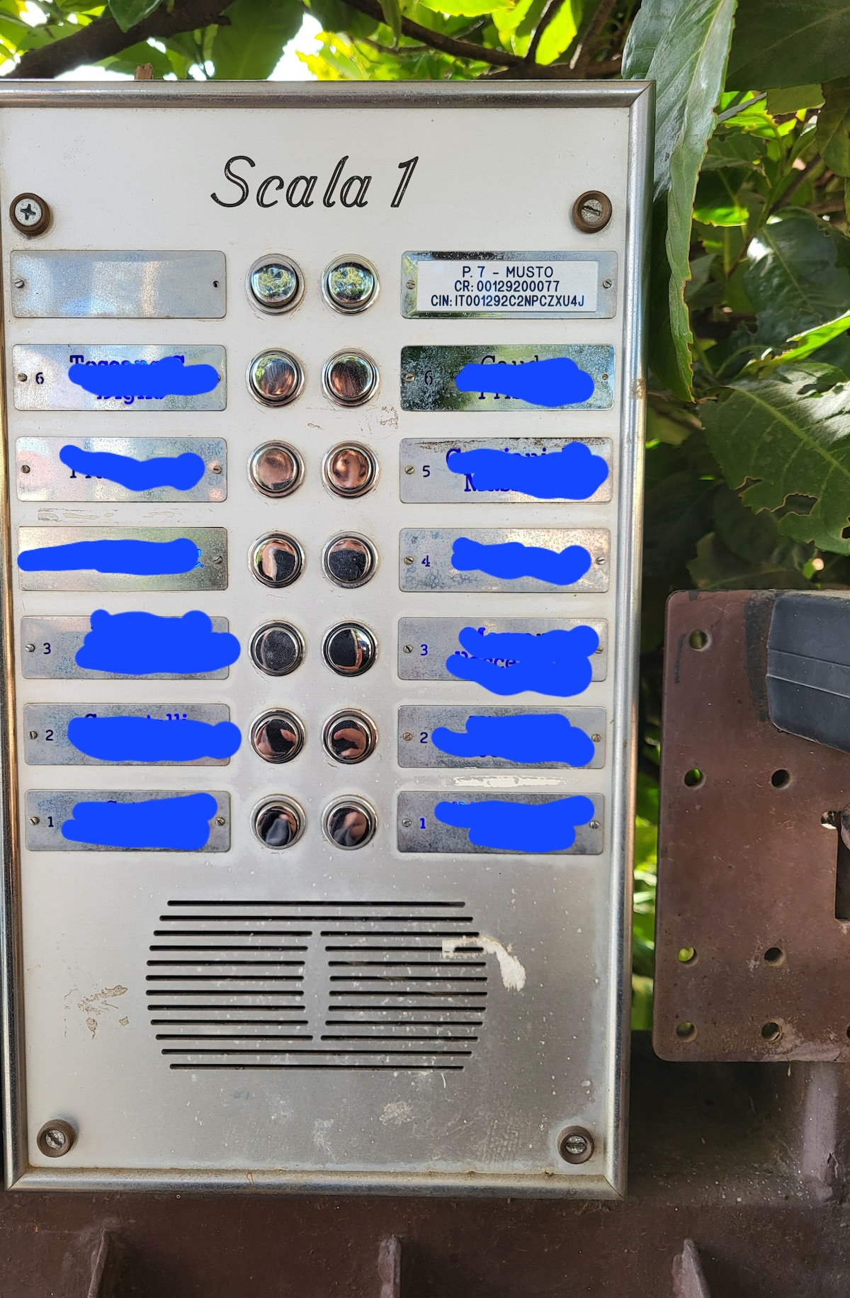 A wall-mounted intercom panel is displayed, featuring multiple buttons designated for different apartments. The panel is bordered by lush green foliage, providing a natural backdrop. Each button is labeled, with some information obscured for privacy.