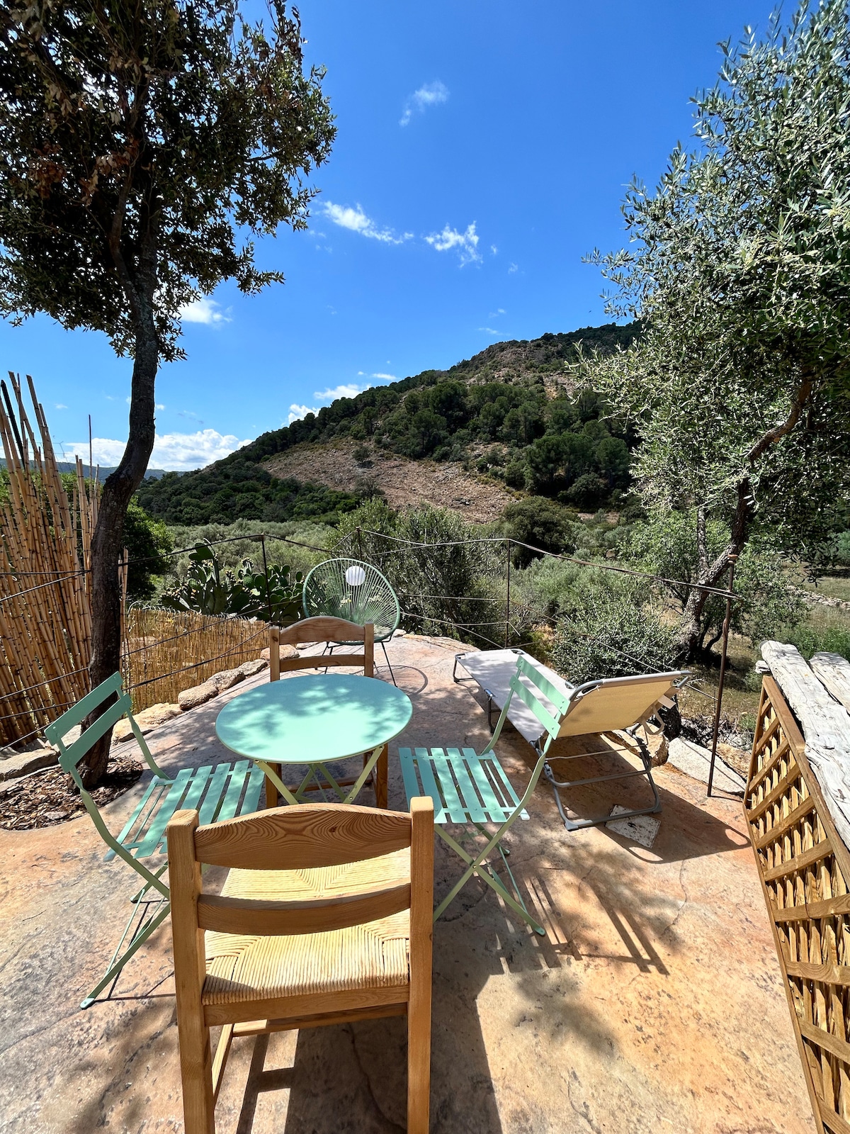 An outdoor patio area is seen with a round green table and four chairs, surrounded by lush greenery. Olive trees frame the space, and a scenic view of the hilly landscape is visible in the background, under a clear blue sky with a few white clouds.