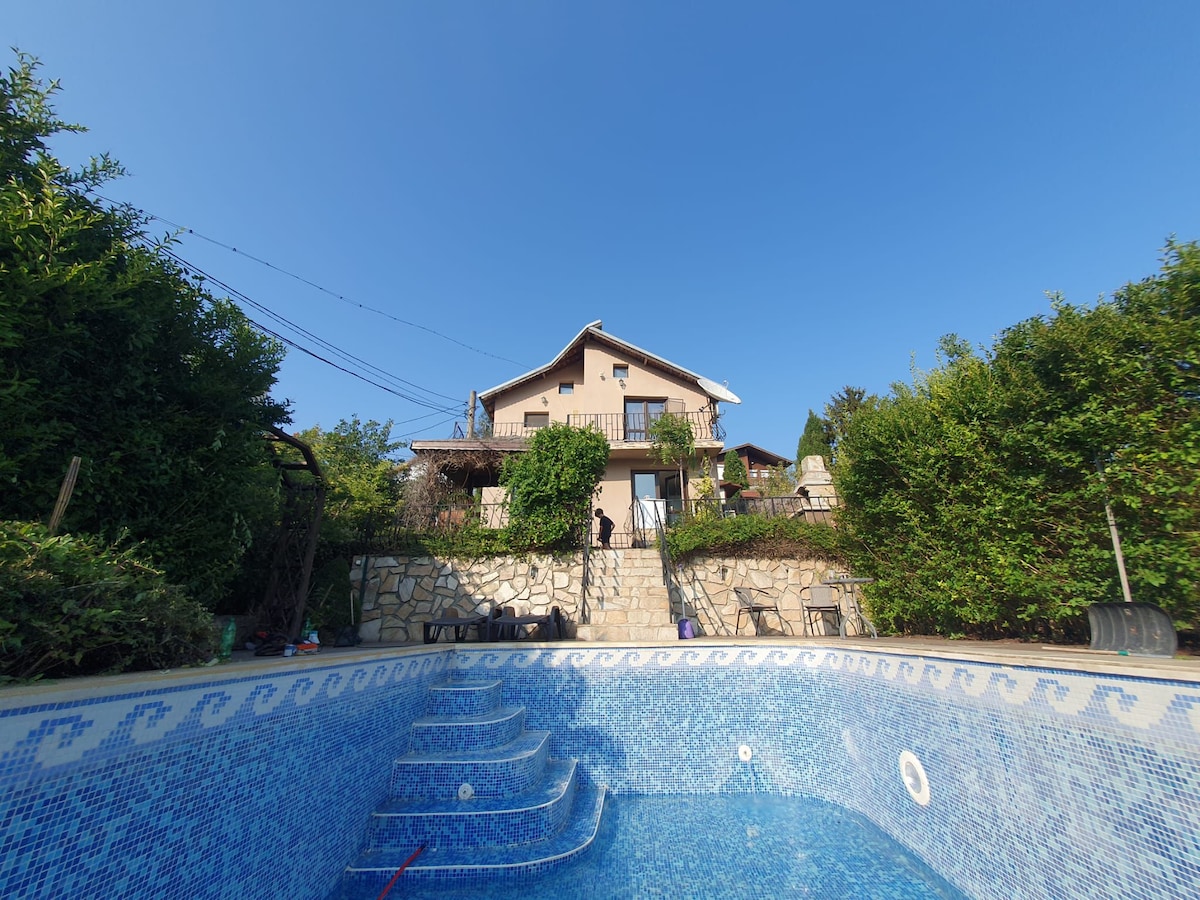 A view of the house from the edge of the pool highlights the spacious outdoor area surrounded by greenery. Stone steps lead to the entrance, with a clear blue sky above and decorative tile patterns along the pool's edge.