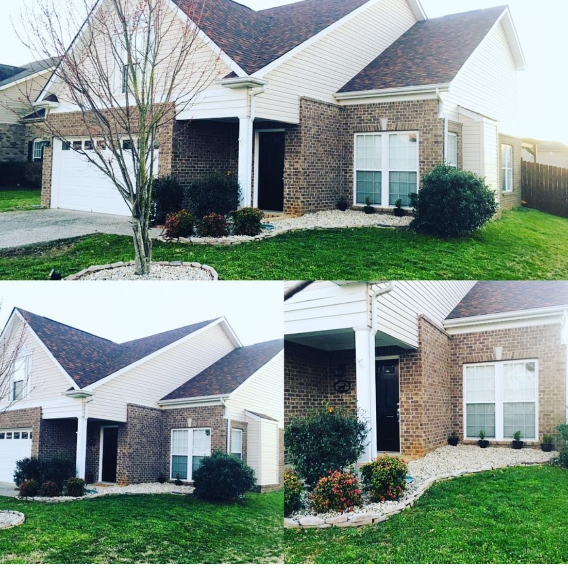 The exterior of the home showcases a mix of brick and vinyl siding, accented by well-maintained landscaping. A double garage is visible on one side, while inviting entry steps lead to the front door that sits under a small overhang.