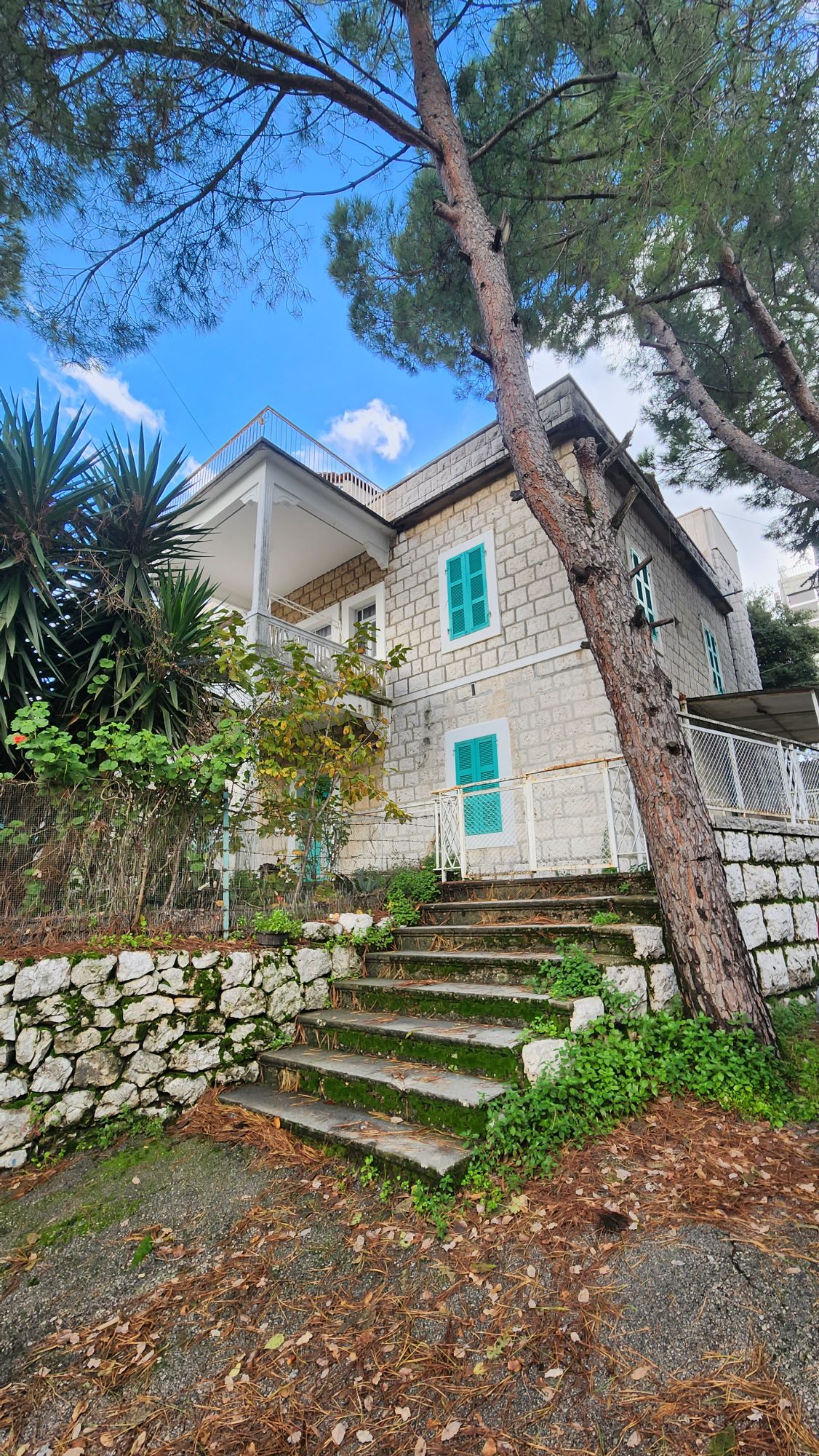 The charming house features a stone façade, framed by lush greenery. Concrete steps lead to a green entrance door, with a balcony visible above. Tall trees and shrubs surround the home, creating a serene outdoor environment against a bright blue sky.